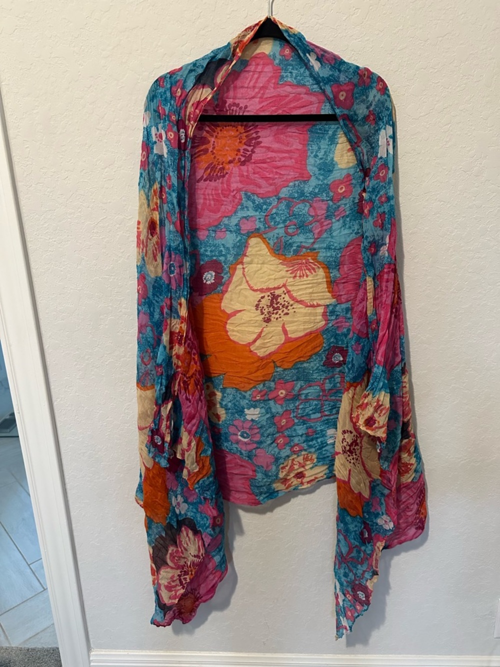 Vibrant Floral Sheer Wrap Scarf in Teal, Pink & Orange